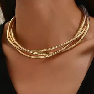 Snake Chain Collar Necklace Gold  3 Layering Chains Triple Strand Choker F15